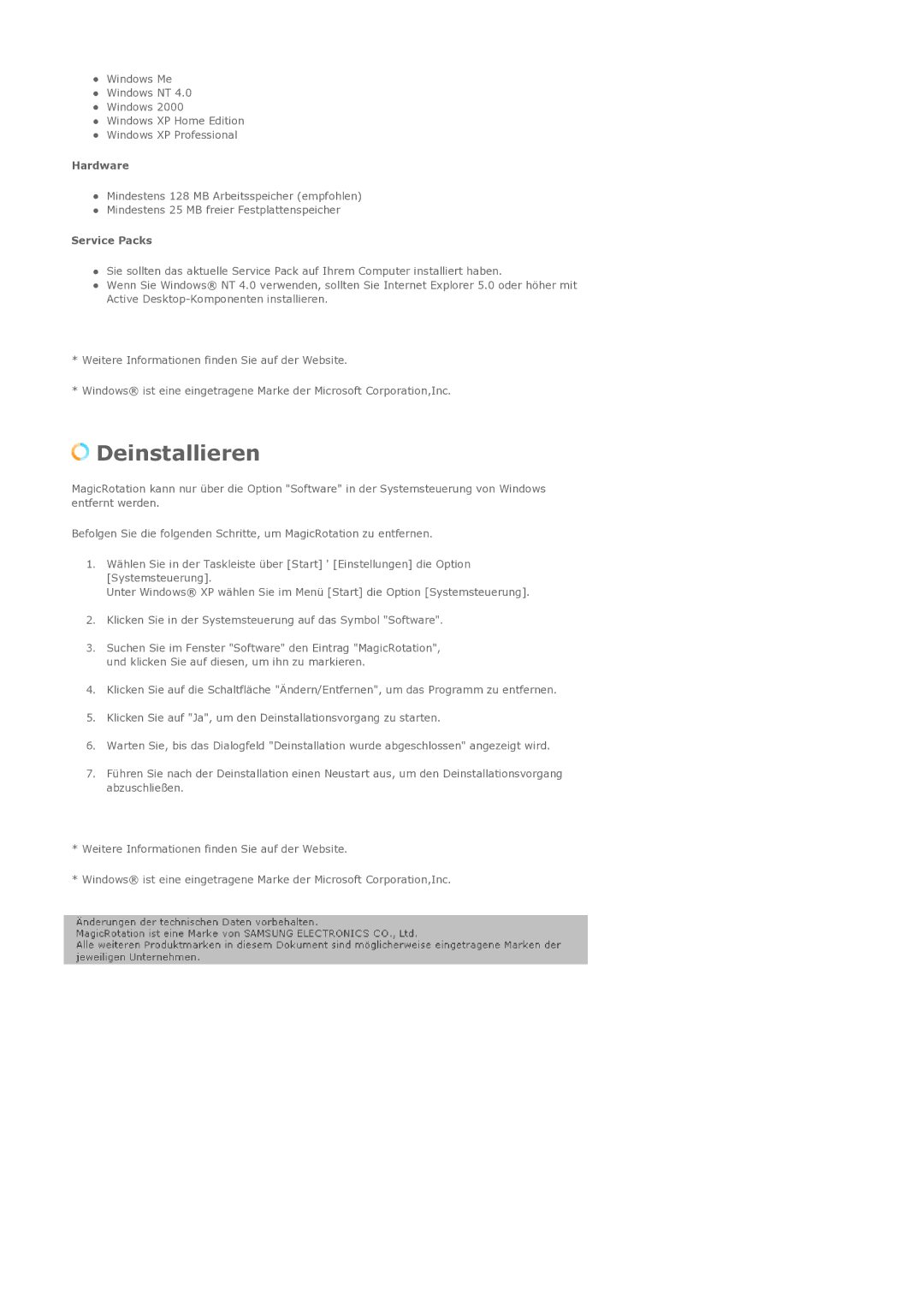 Samsung LS20HAMBSQ/EDC manual Deinstallieren 