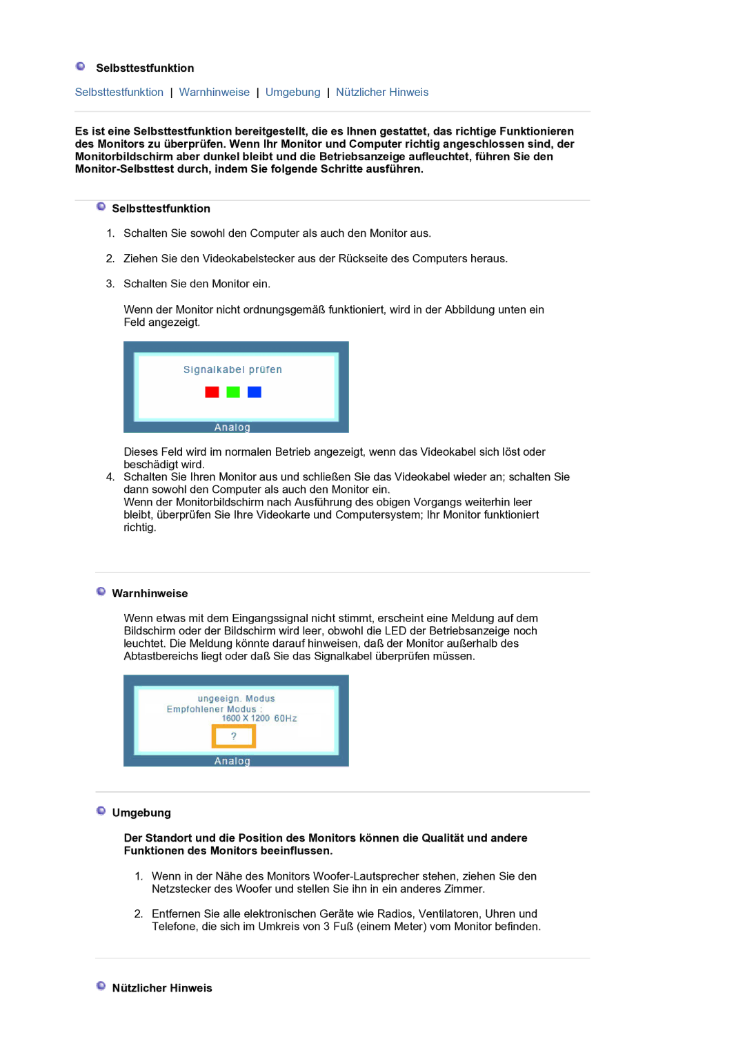 Samsung LS20HAMBSQ/EDC manual Selbsttestfunktion, Warnhinweise, Nützlicher Hinweis 