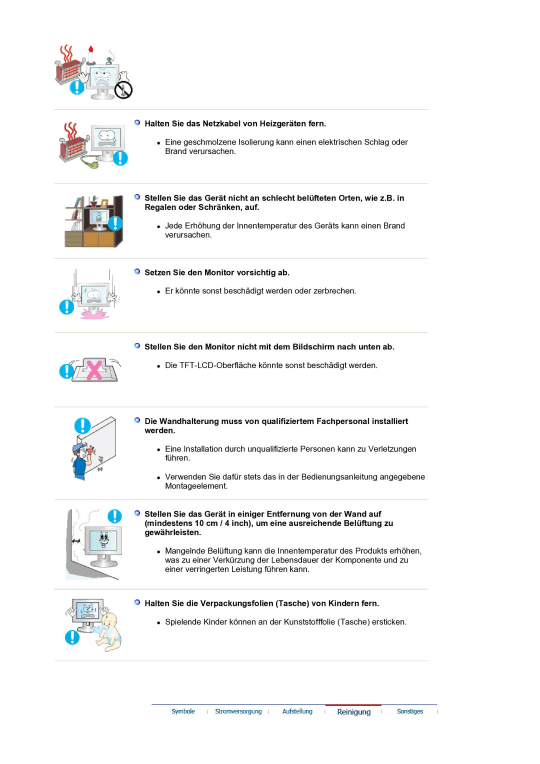 Samsung LS20HAMBSQ/EDC manual Halten Sie das Netzkabel von Heizgeräten fern, Setzen Sie den Monitor vorsichtig ab 