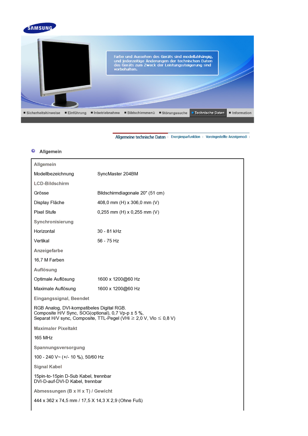 Samsung LS20HAMBSQ/EDC manual Allgemein, LCD-Bildschirm, Synchronisierung, Anzeigefarbe, Auflösung, Eingangssignal, Beendet 