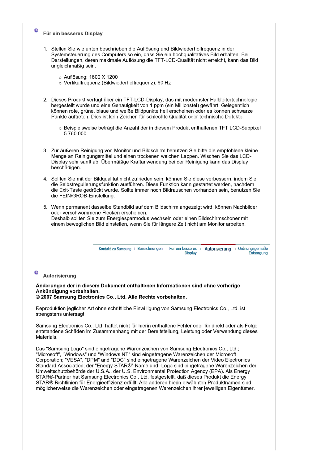 Samsung LS20HAMBSQ/EDC manual Für ein besseres Display, Autorisierung 