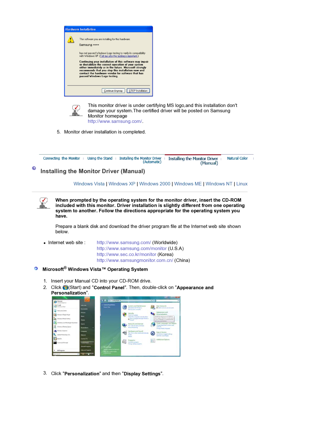 Samsung LS20HAMBSQ/EDC manual Installing the Monitor Driver Manual, Microsoft Windows Vista Operating System 