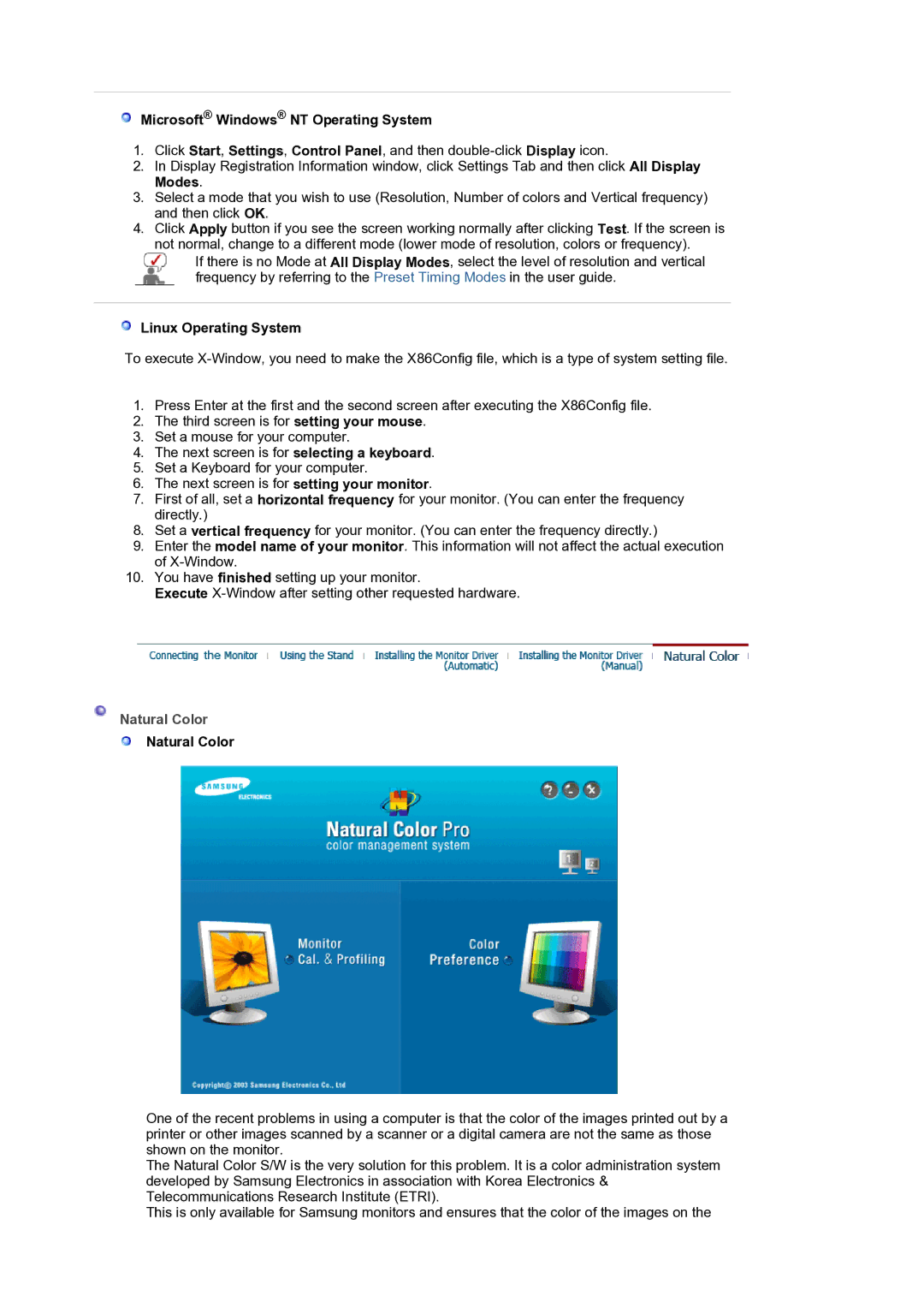 Samsung LS20HAMBSQ/EDC manual Microsoft Windows NT Operating System, Linux Operating System, Natural Color 