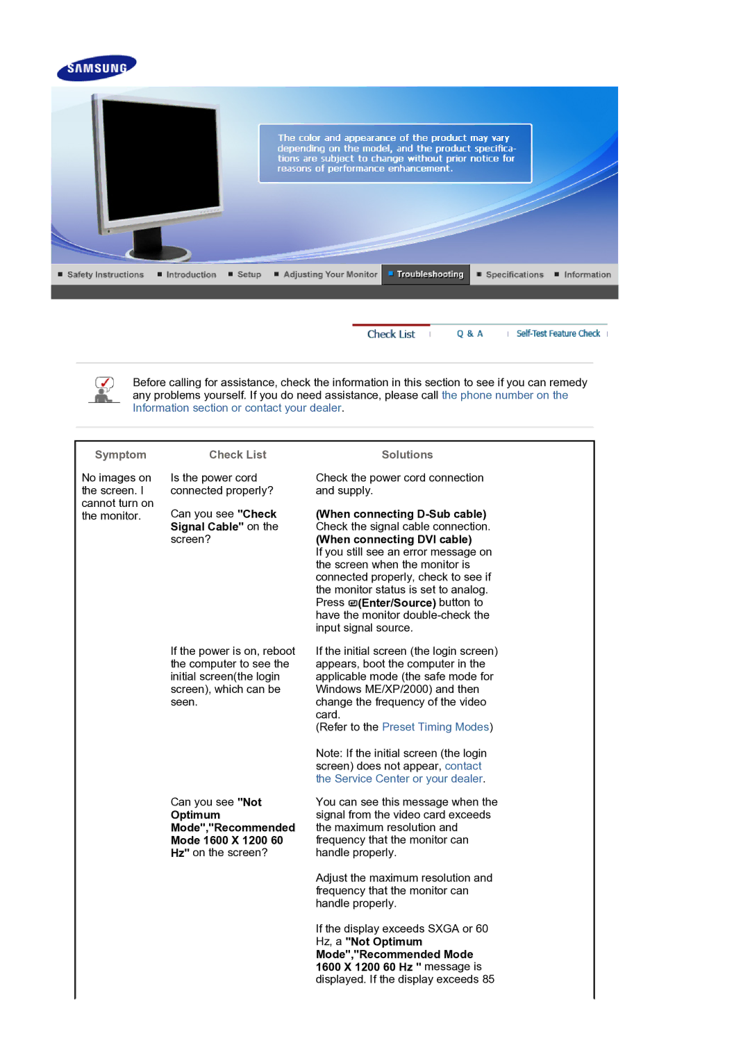 Samsung LS20HAMBSQ/EDC manual Symptom Check List Solutions, When connecting DVI cable 