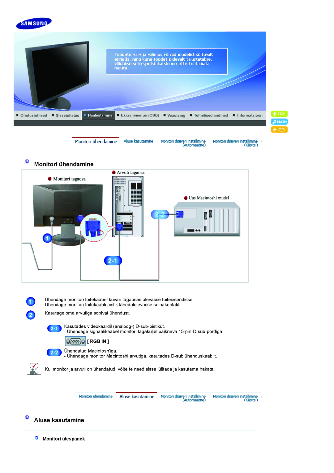 Samsung LS20HANKSHEDC, LS19HANKBDHEDC manual Rgb, Monitori ülespanek 