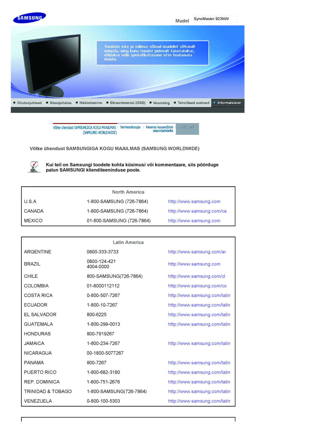 Samsung LS20HANKSHEDC, LS19HANKBDHEDC manual North America, Latin America 