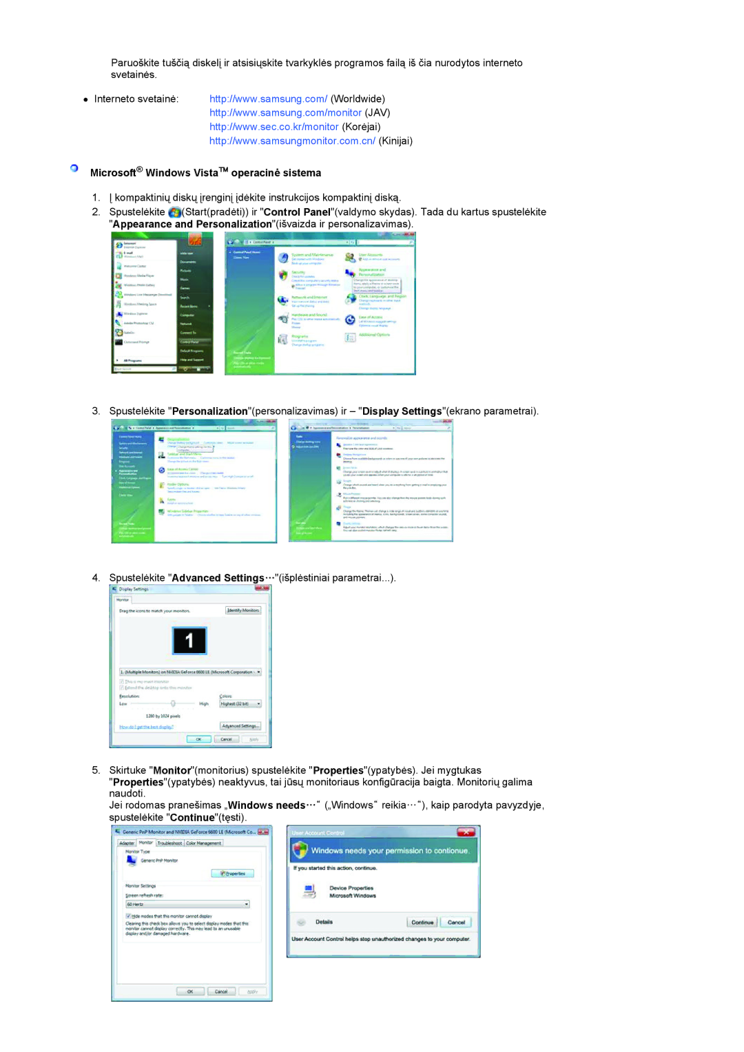 Samsung LS19HANKBDHEDC, LS20HANKSHEDC manual Microsoft Windows Vista operacinė sistema 