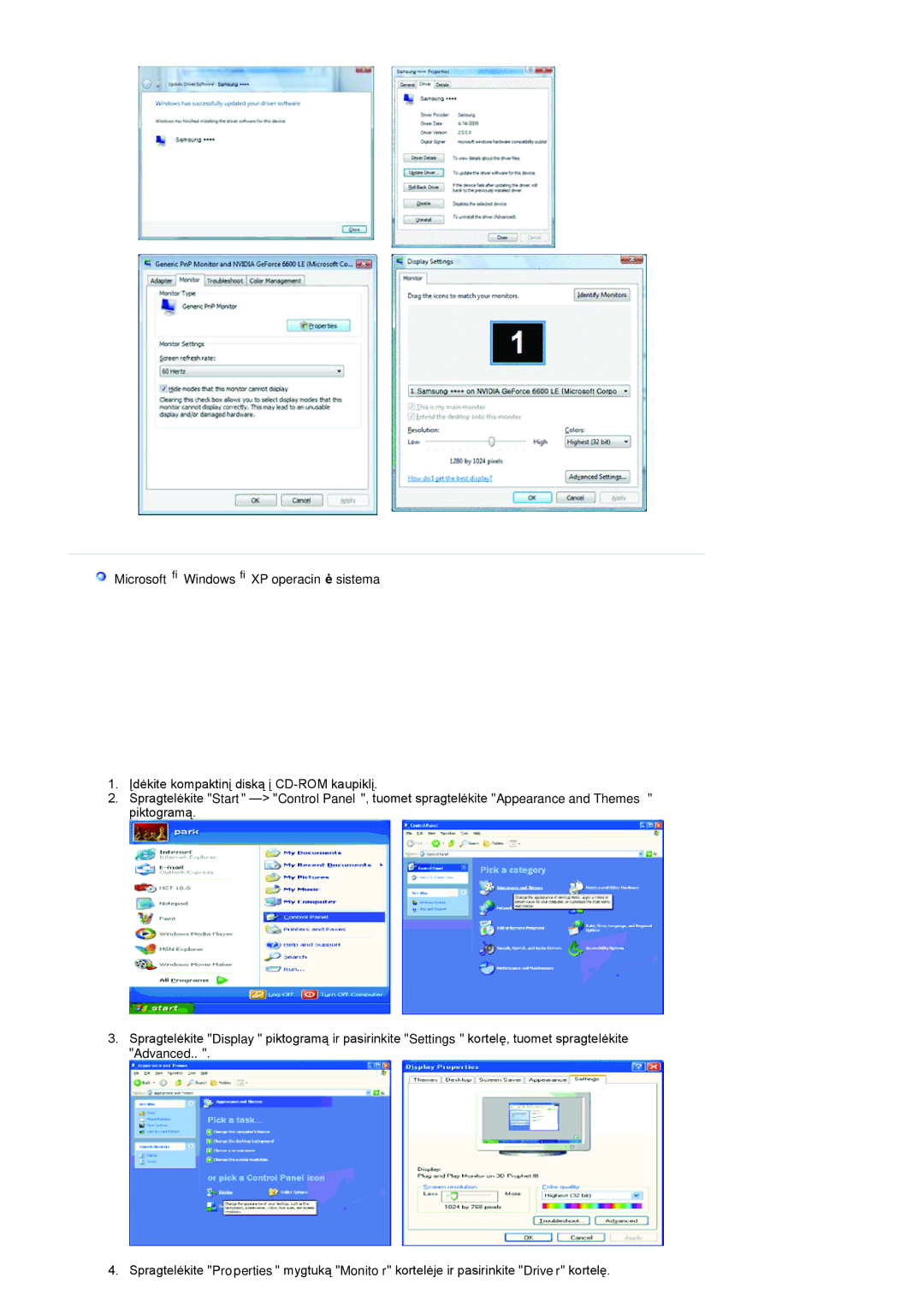 Samsung LS19HANKBDHEDC, LS20HANKSHEDC manual Microsoft Windows XP operacinė sistema 