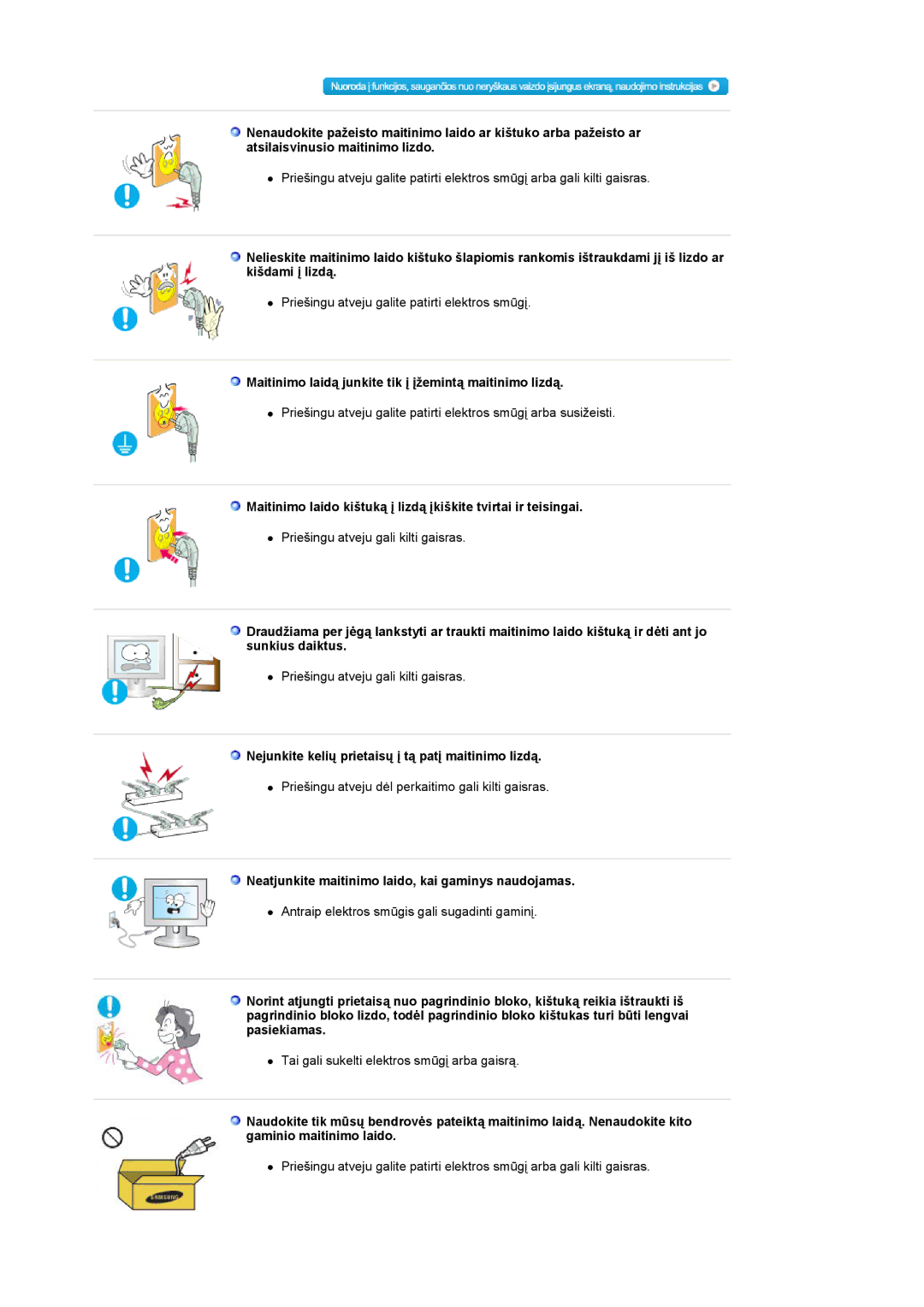 Samsung LS19HANKBDHEDC, LS20HANKSHEDC manual Maitinimo laidą junkite tik į įžemintą maitinimo lizdą 