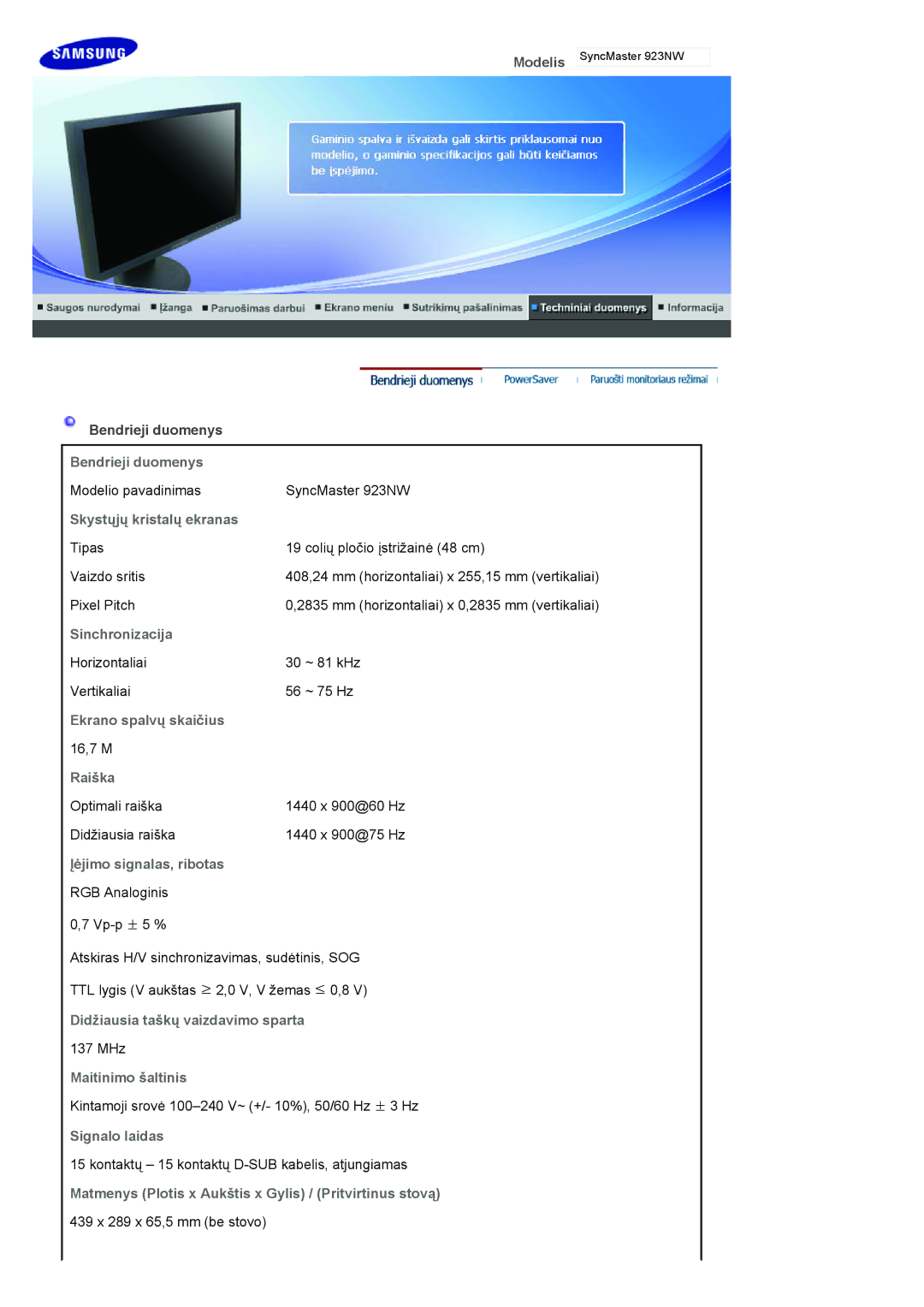 Samsung LS19HANKBDHEDC Bendrieji duomenys, Skystųjų kristalų ekranas, Sinchronizacija, Ekrano spalvų skaičius, Raiška 