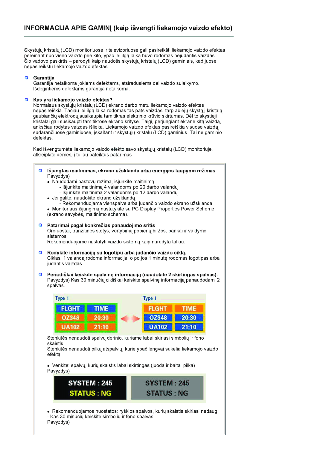 Samsung LS20HANKSHEDC manual Garantija, Kas yra liekamojo vaizdo efektas?, Patarimai pagal konkrečias panaudojimo sritis 