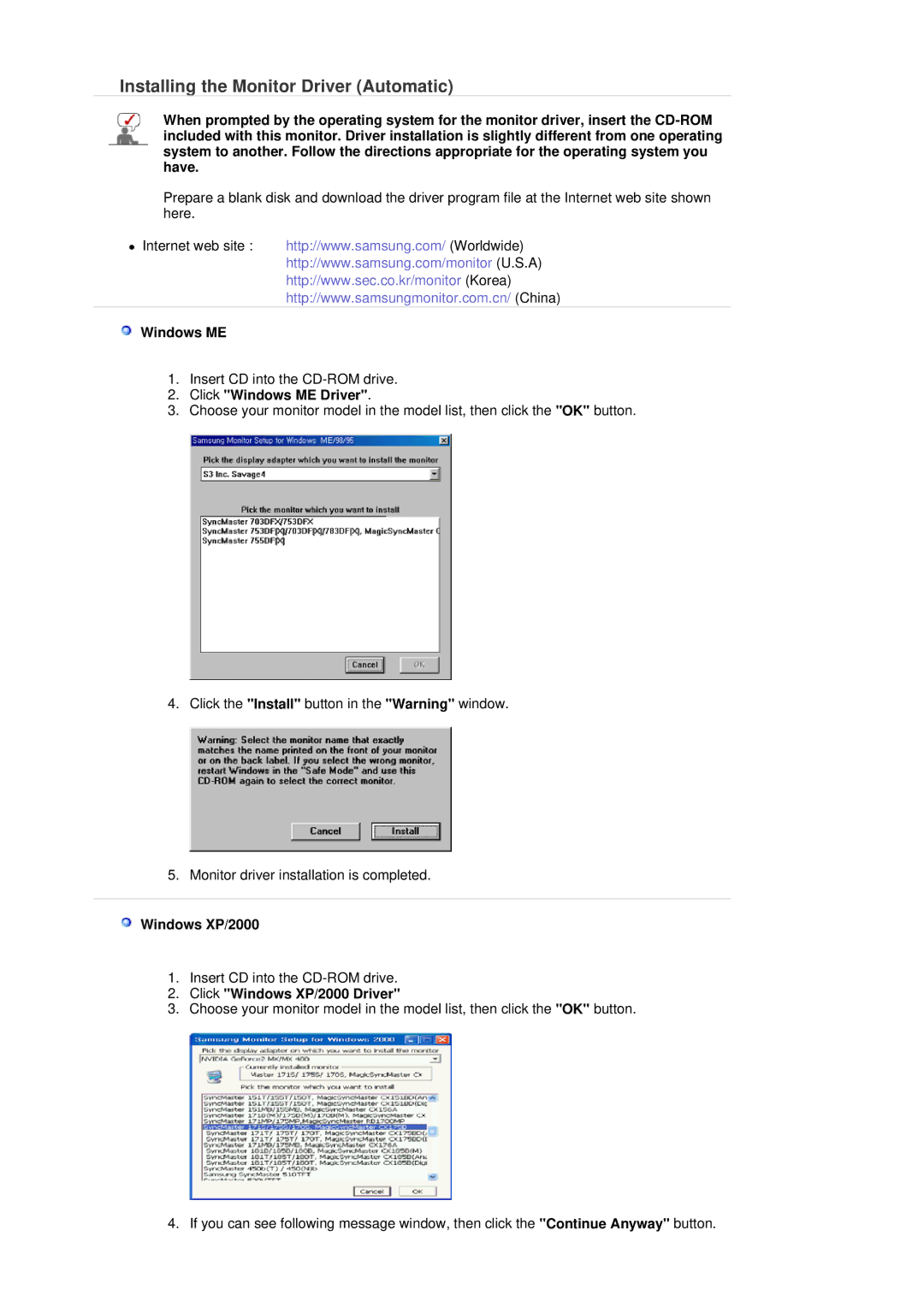 Samsung LS20HAWCSQ/XSG manual Installing the Monitor Driver Automatic, Click Windows ME Driver, Windows XP/2000 