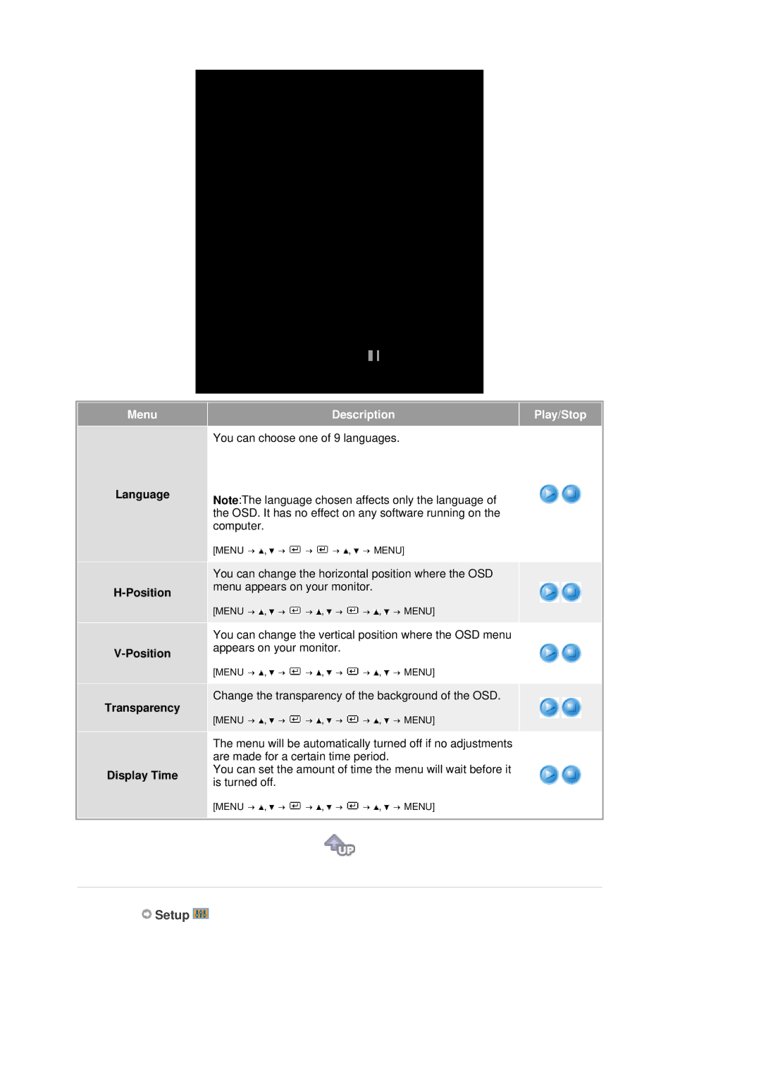 Samsung LS20HAWCSQ/EDC, LS20HAWCSZ/EDC, LS20HAWCSQ/SAI, LS20HAWCSQ/XSG Setup, Language Position Transparency Display Time 