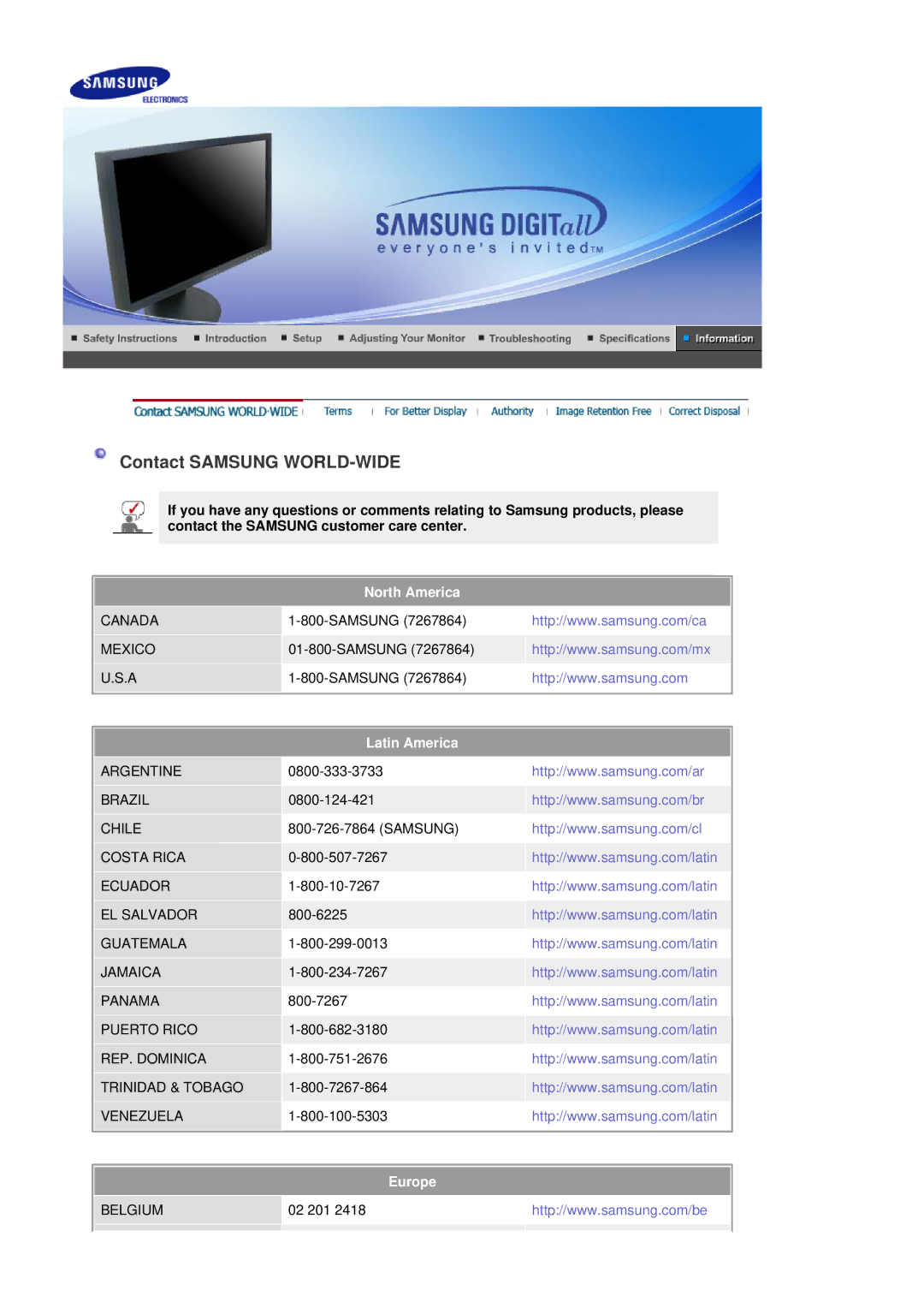 Samsung LS20HAWCSQ/SAI, LS20HAWCSQ/EDC, LS20HAWCSZ/EDC Contact Samsung WORLD-WIDE, North America, Latin America, Europe 