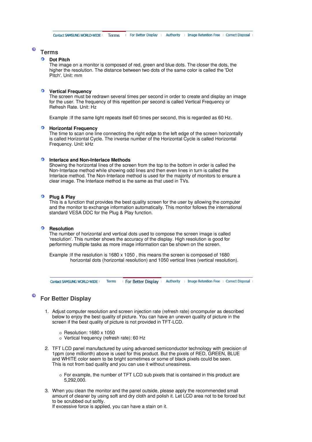 Samsung LS20HAWCSQ/EDC, LS20HAWCSZ/EDC, LS20HAWCSQ/SAI, LS20HAWCSQ/XSG manual Terms, For Better Display 