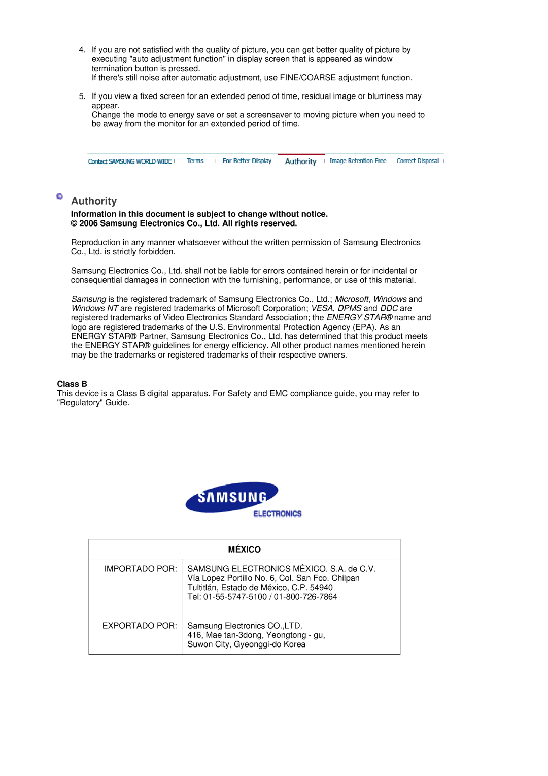 Samsung LS20HAWCSZ/EDC, LS20HAWCSQ/EDC, LS20HAWCSQ/SAI, LS20HAWCSQ/XSG manual Authority, Class B 