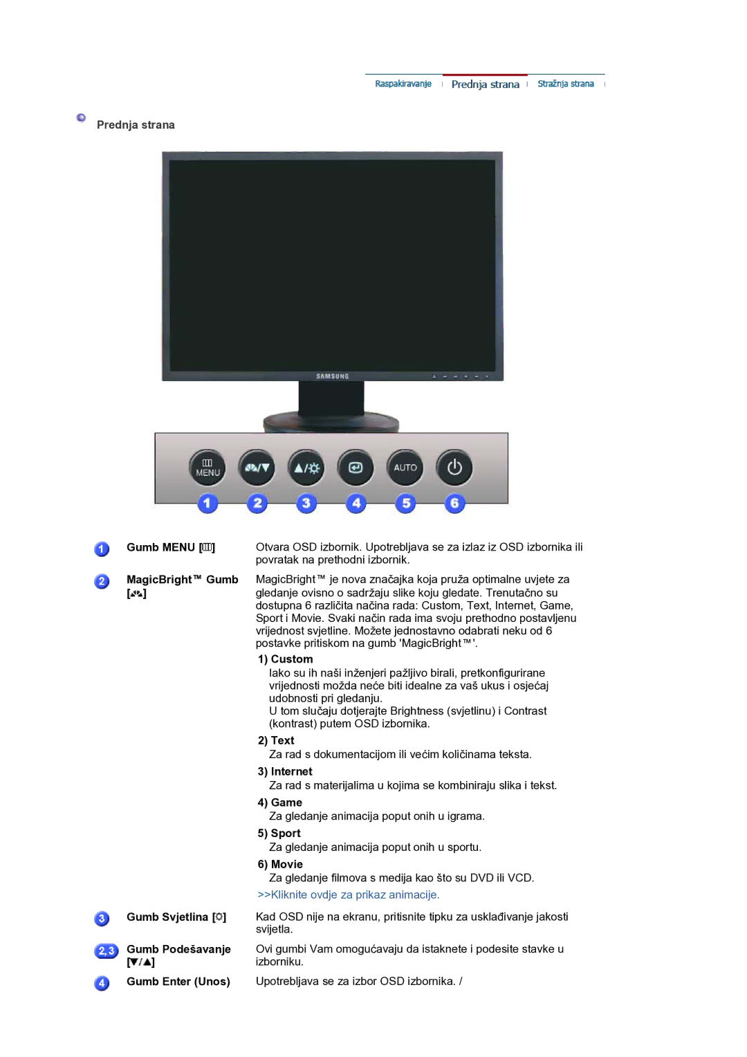 Samsung LS20HAWCSQ/SAI manual Gumb Menu, Custom, Text, Internet, Game, Sport, Movie, Gumb Svjetlina, Gumb Podešavanje 