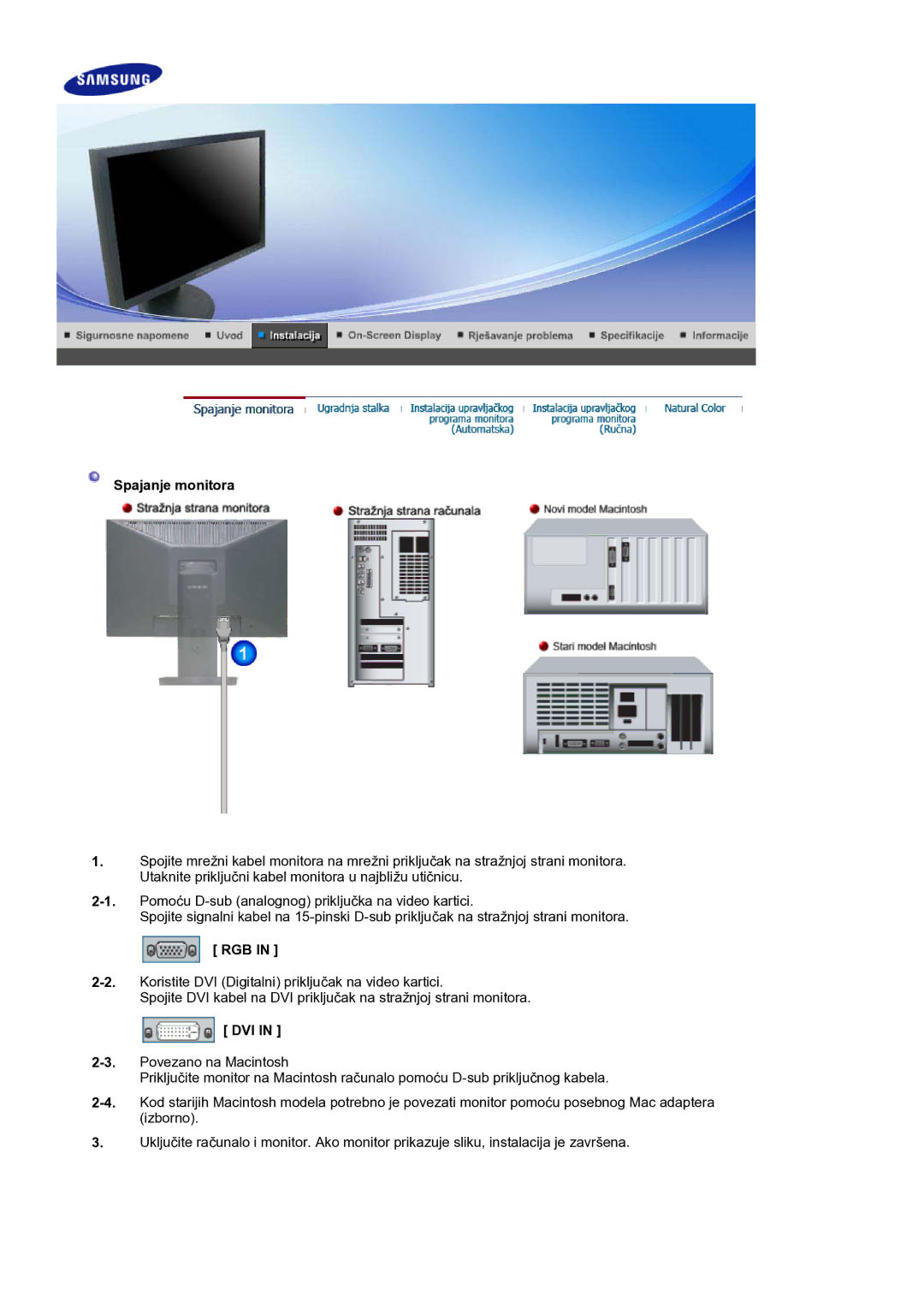 Samsung LS20HAWCSZ/EDC, LS20HAWCSQ/EDC, LS20HAWCSQ/SAI manual Spajanje monitora, Rgb, Dvi 