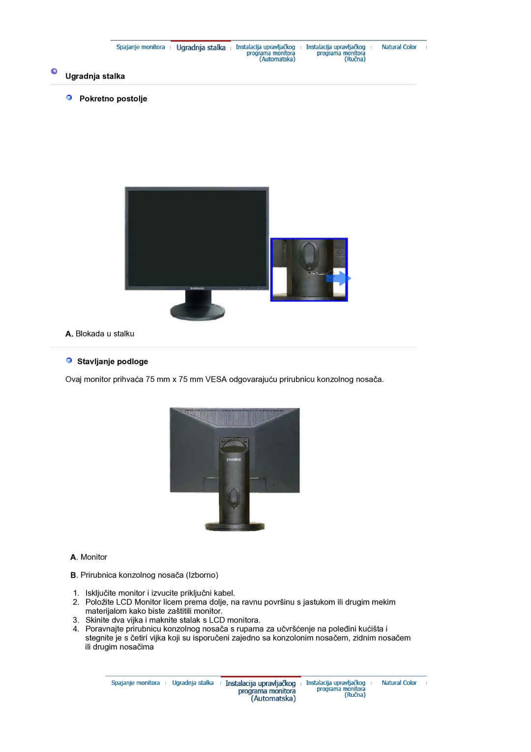 Samsung LS20HAWCSQ/SAI, LS20HAWCSQ/EDC, LS20HAWCSZ/EDC manual Ugradnja stalka Pokretno postolje, Stavljanje podloge 