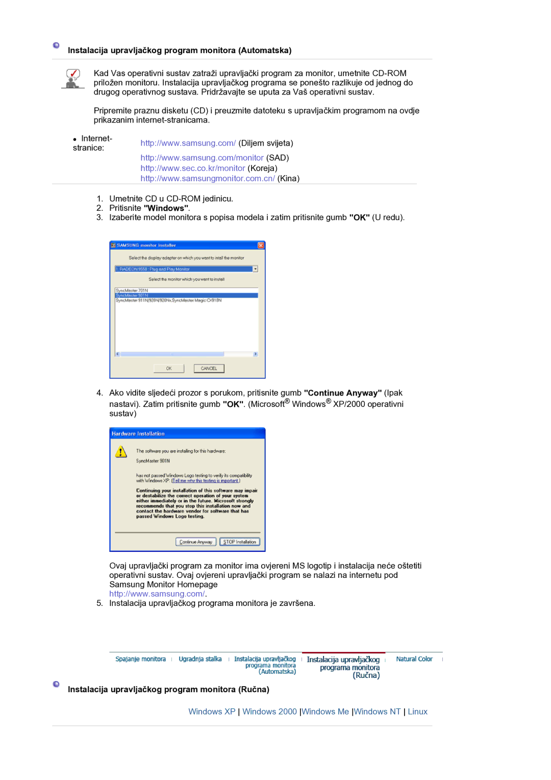 Samsung LS20HAWCSQ/EDC, LS20HAWCSZ/EDC, LS20HAWCSQ/SAI manual Instalacija upravljačkog program monitora Automatska 