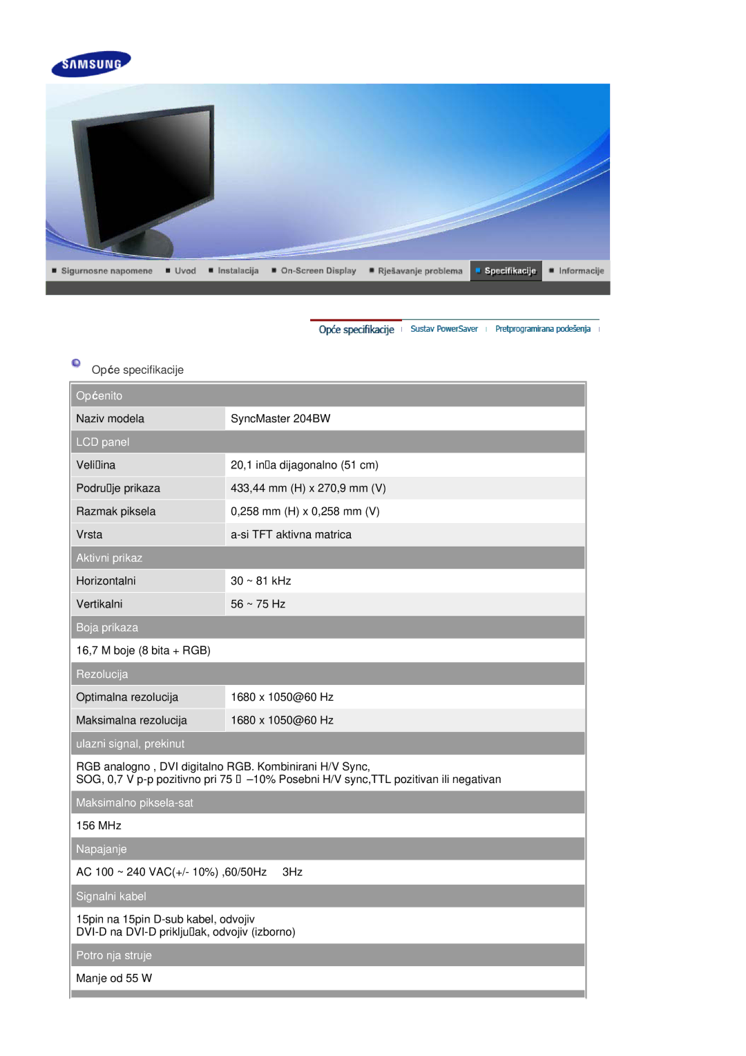 Samsung LS20HAWCSQ/SAI, LS20HAWCSQ/EDC, LS20HAWCSZ/EDC manual Opće specifikacije 