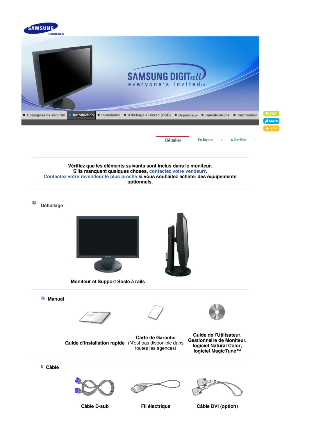 Samsung LS20HAWCSQ/EDC, LS20HAWCSZ/EDC manual Optionnels, Déballage, Logiciel Natural Color, Logiciel MagicTune 