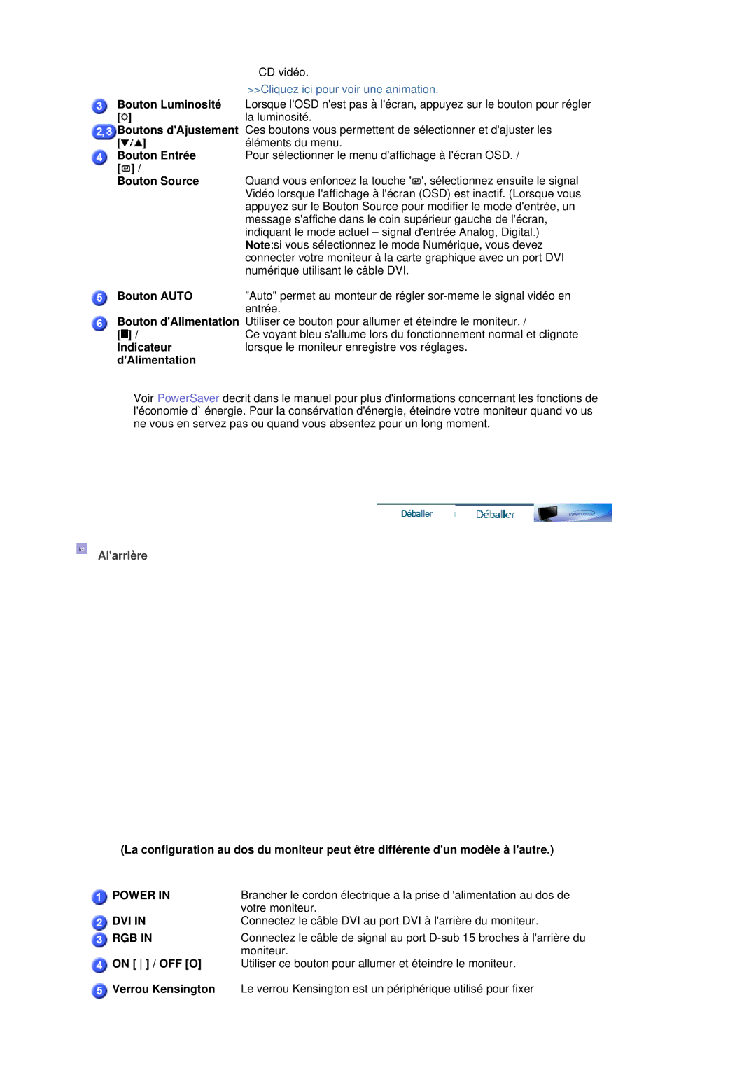 Samsung LS20HAWCSQ/EDC, LS20HAWCSZ/EDC manual Alarrière 