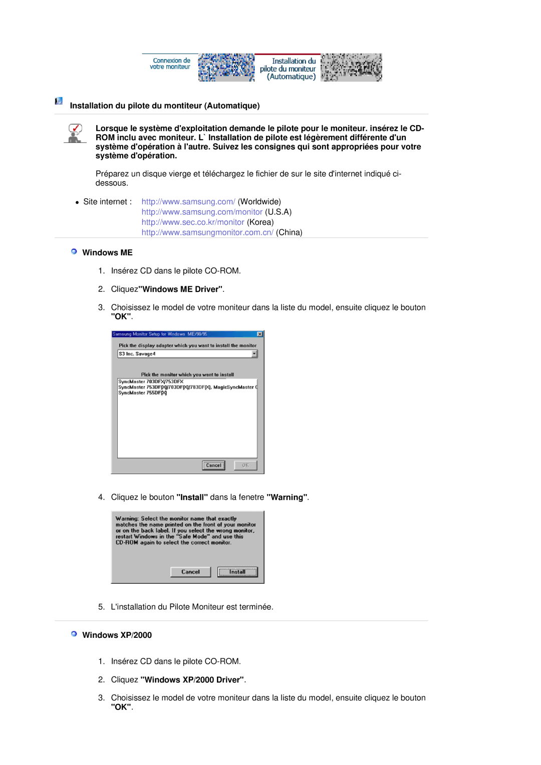 Samsung LS20HAWCSQ/EDC, LS20HAWCSZ/EDC manual CliquezWindows ME Driver, Cliquez Windows XP/2000 Driver 