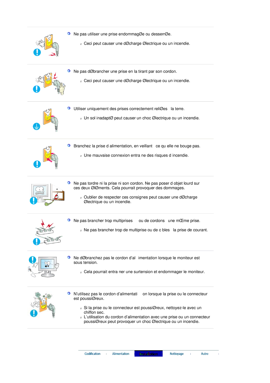 Samsung LS20HAWCSZ/EDC, LS20HAWCSQ/EDC manual Ne pas utiliser une prise endommagée ou desserrée 