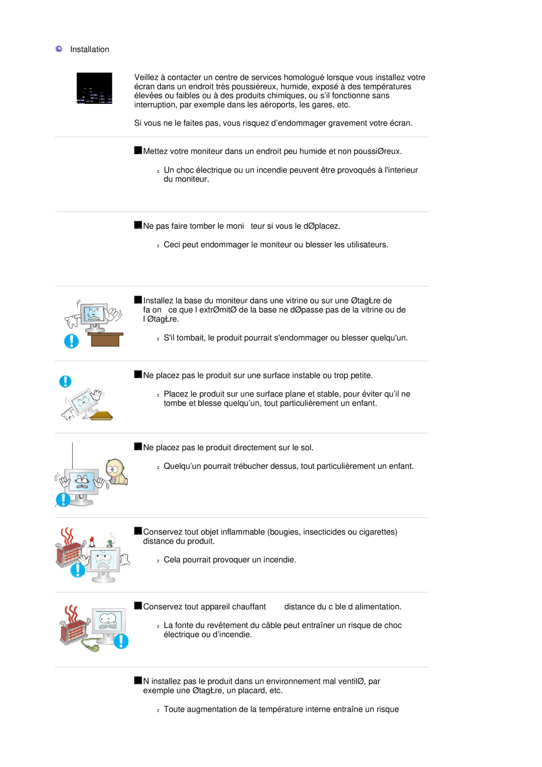 Samsung LS20HAWCSQ/EDC, LS20HAWCSZ/EDC manual Installation, Ne pas faire tomber le moniteur si vous le déplacez 