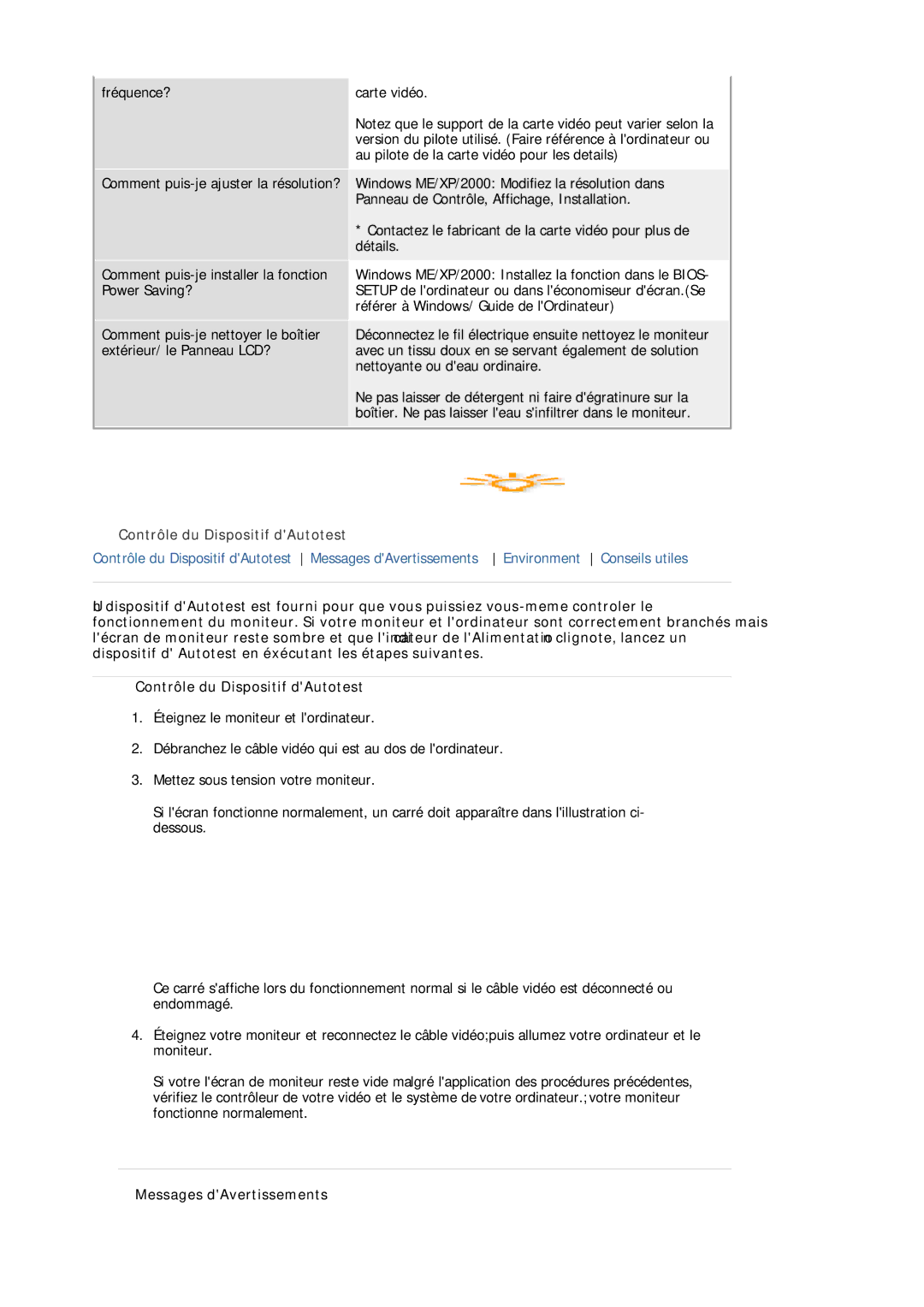 Samsung LS20HAWCSZ/EDC, LS20HAWCSQ/EDC manual Contrôle du Dispositif dAutotest, Messages dAvertissements 