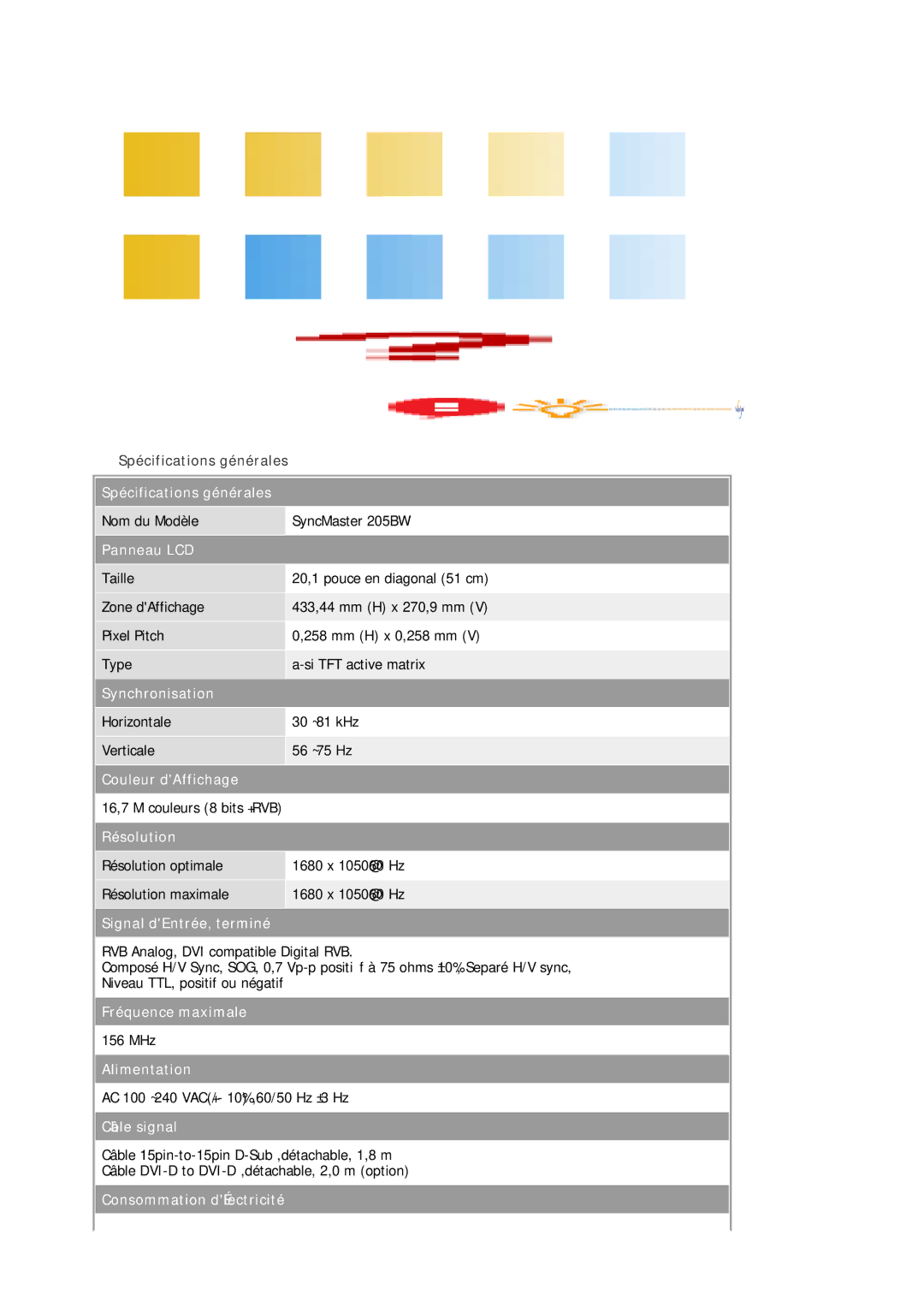 Samsung LS20HAWCSZ/EDC manual Spécifications générales, Panneau LCD, Synchronisation, Couleur dAffichage, Résolution 