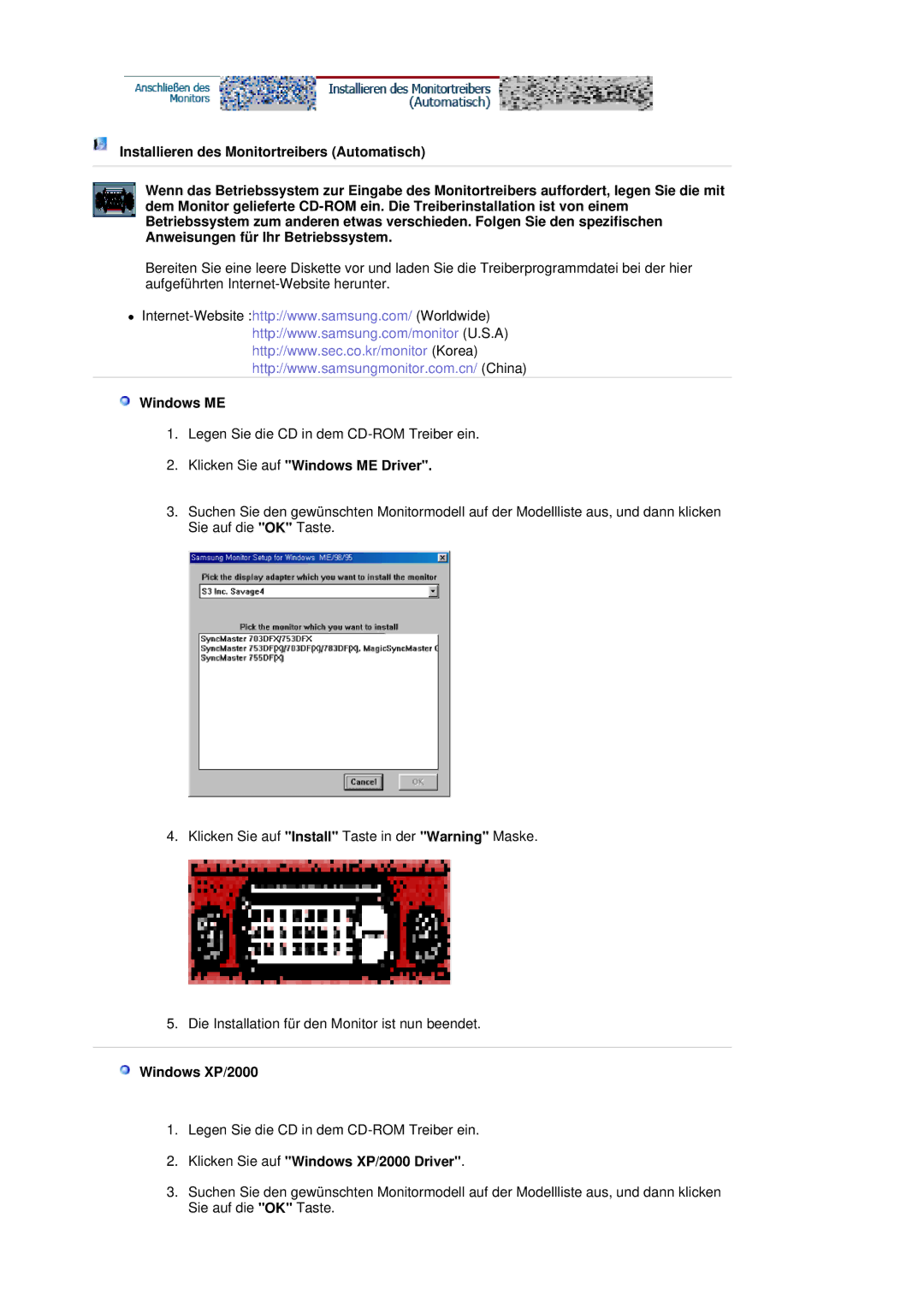 Samsung LS20HAWCSQ/EDC, LS20HAWCSZ/EDC Klicken Sie auf Windows ME Driver, Klicken Sie auf Windows XP/2000 Driver 