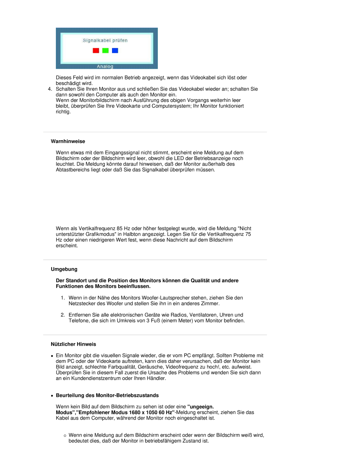 Samsung LS20HAWCSZ/EDC, LS20HAWCSQ/EDC manual Warnhinweise, Nützlicher Hinweis, Beurteilung des Monitor-Betriebszustands 