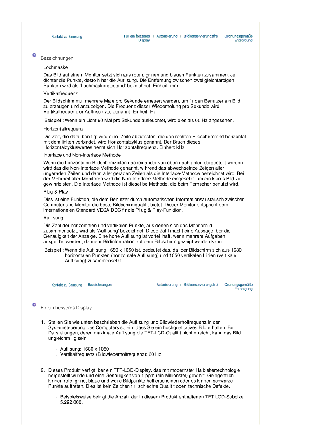 Samsung LS20HAWCSZ/EDC, LS20HAWCSQ/EDC manual Bezeichnungen, Für ein besseres Display 