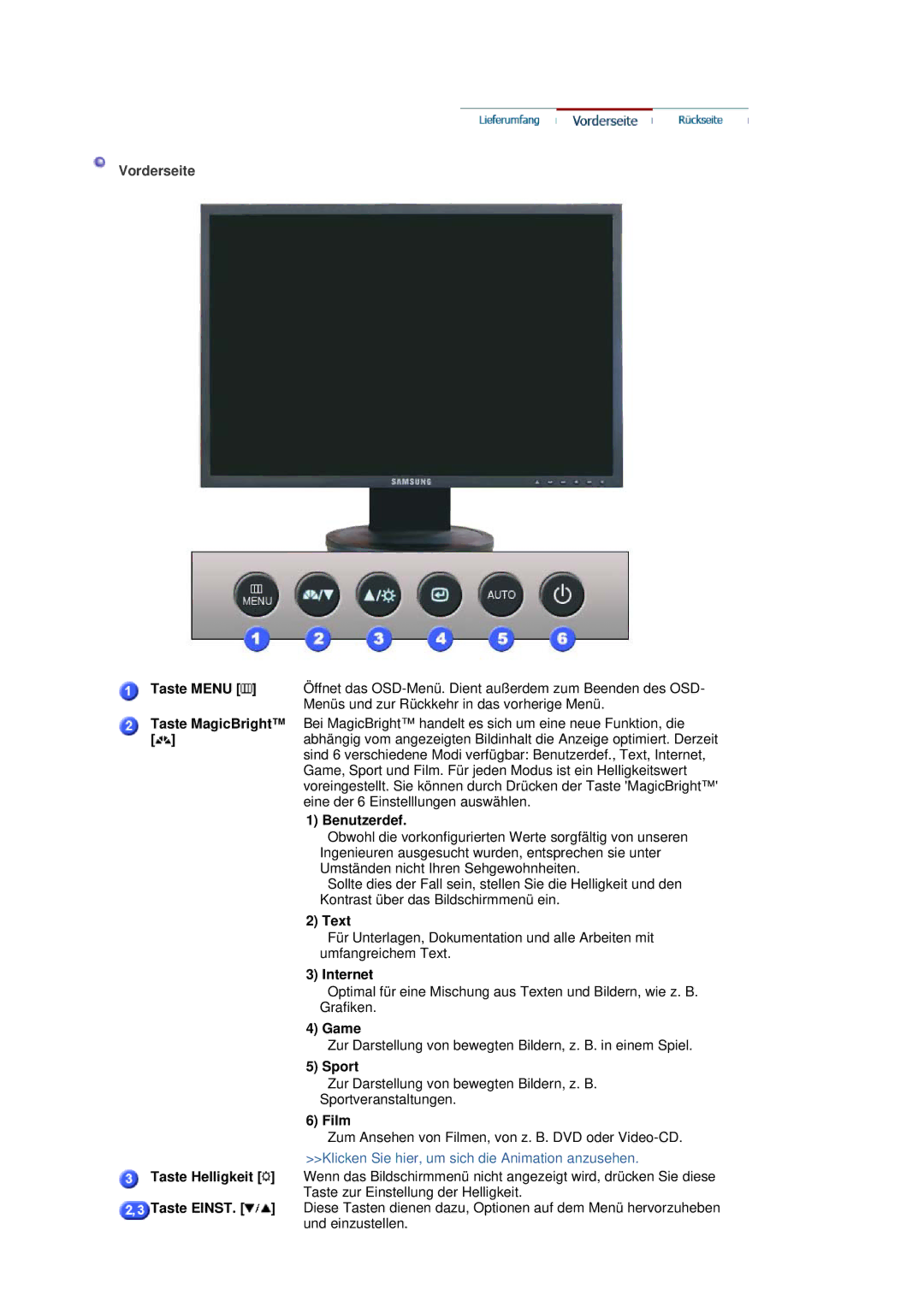 Samsung LS20HAWCSZ/EDC, LS20HAWCSQ/EDC manual Benutzerdef, Text, Internet, Game, Sport, Film 