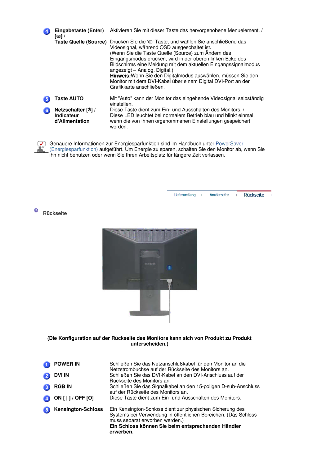 Samsung LS20HAWCSQ/EDC manual Taste Auto, Netzschalter, Indicateur, DAlimentation, On / OFF O, Kensington-Schloss, Erwerben 