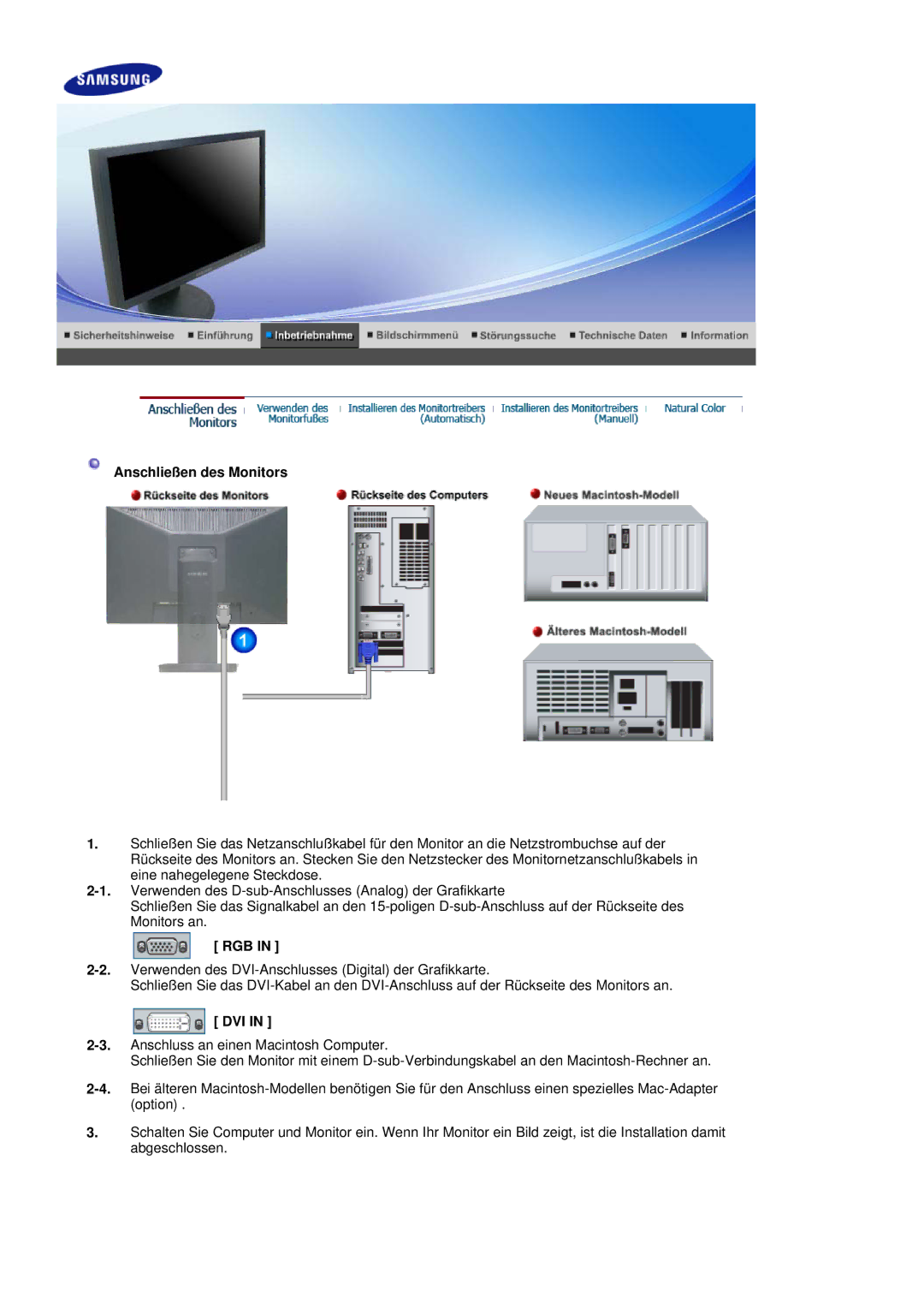 Samsung LS20HAWCSQ/EDC, LS20HAWCSZ/EDC manual Anschließen des Monitors, Rgb, Dvi 