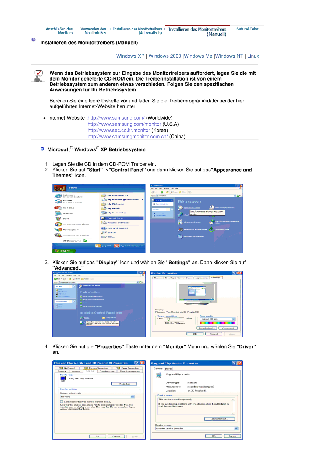 Samsung LS20HAWCSZ/EDC manual Installieren des Monitortreibers Manuell, Microsoft Windows XP Betriebssystem, Advanced 