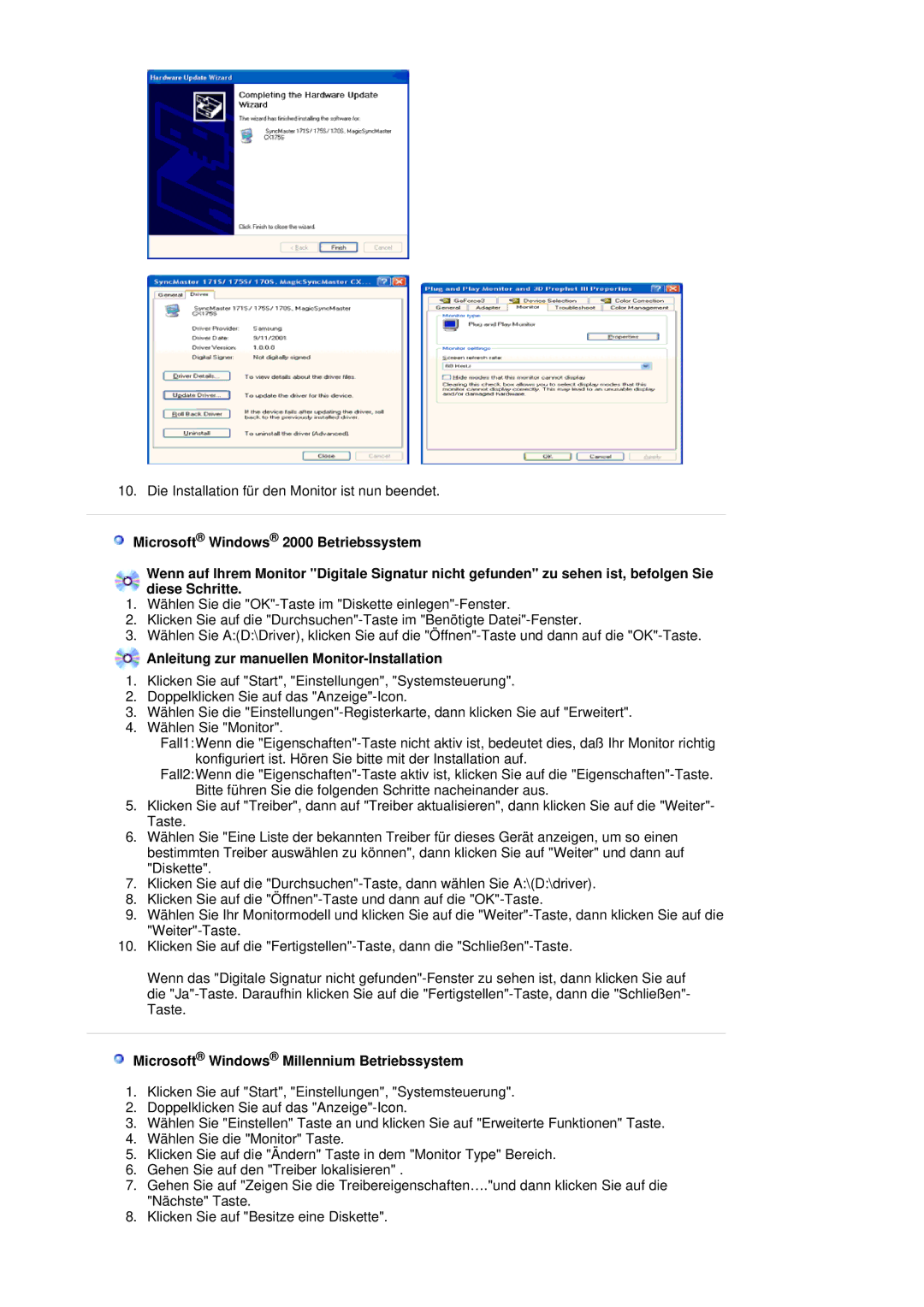 Samsung LS20HAWCSZ/EDC manual Anleitung zur manuellen Monitor-Installation, Microsoft Windows Millennium Betriebssystem 