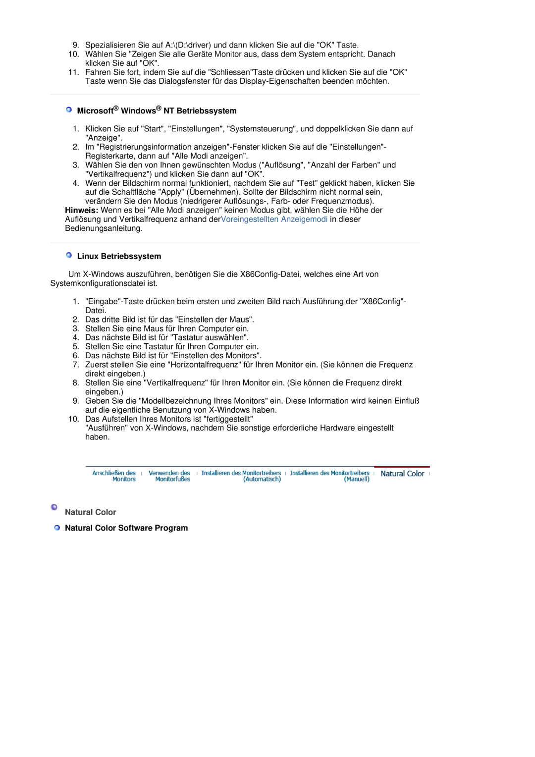 Samsung LS20HAWCSQ/EDC manual Microsoft Windows NT Betriebssystem, Linux Betriebssystem, Natural Color Software Program 