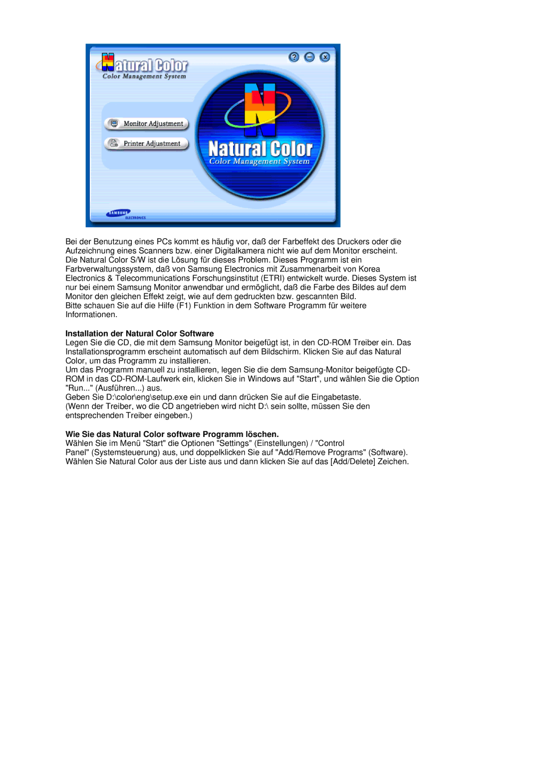 Samsung LS20HAWCSZ/EDC manual Installation der Natural Color Software, Wie Sie das Natural Color software Programm löschen 