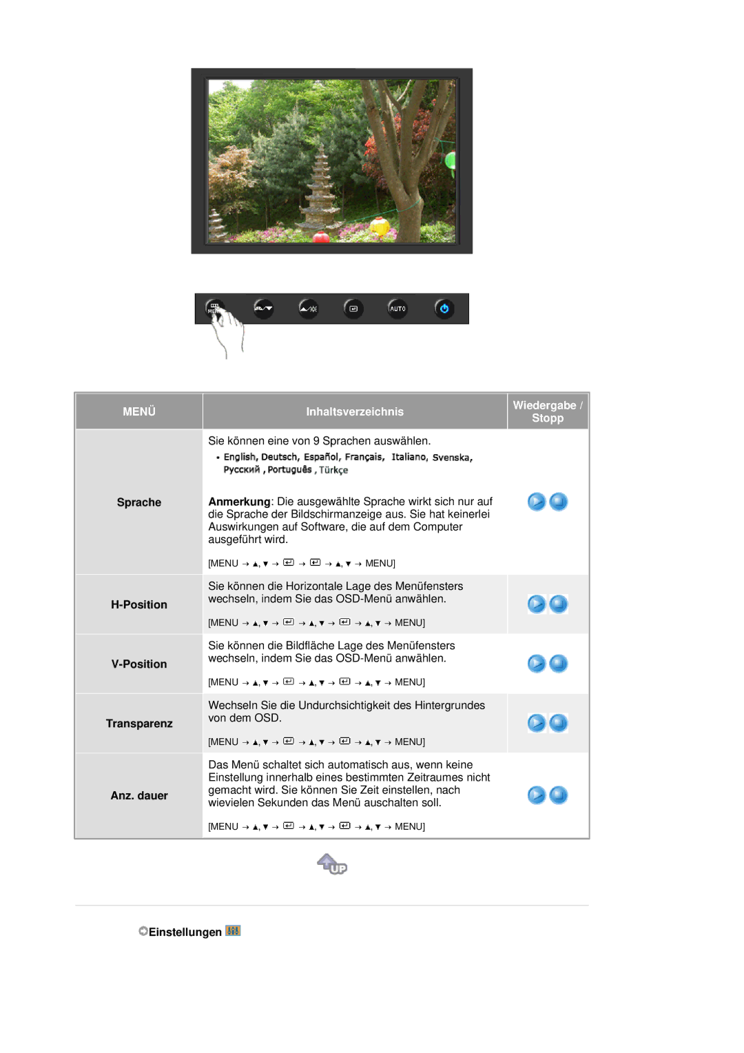 Samsung LS20HAWCSZ/EDC, LS20HAWCSQ/EDC manual Sprache Position Transparenz Anz. dauer, Einstellungen 