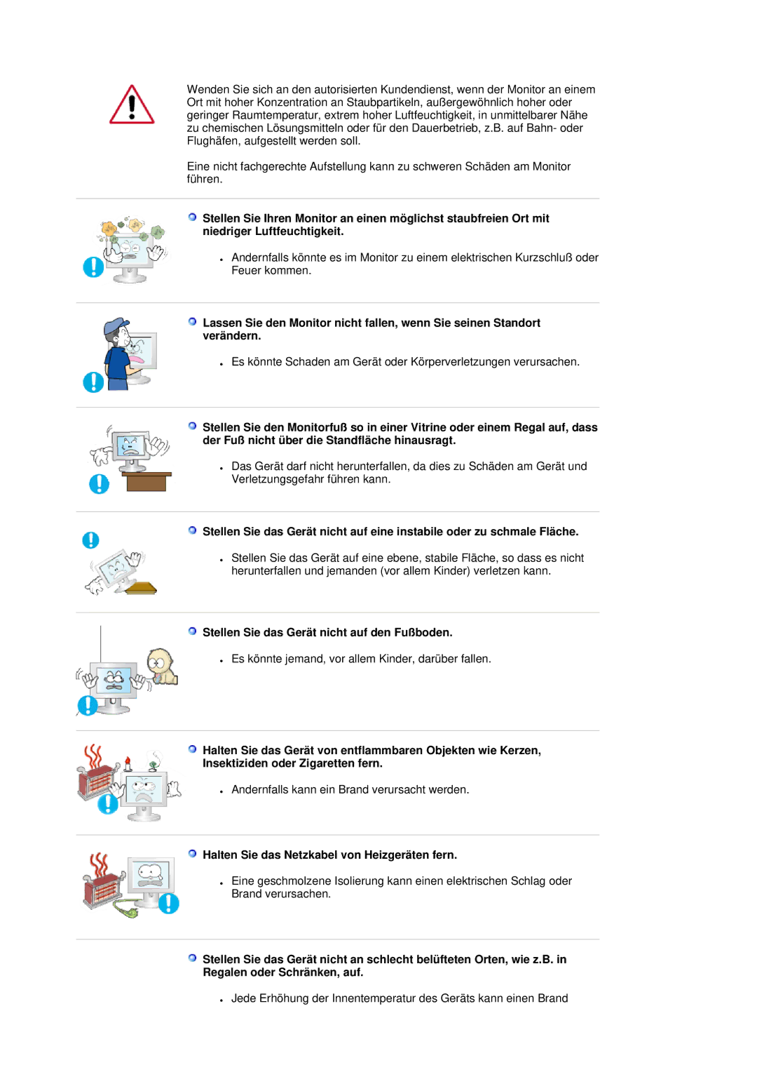 Samsung LS20HAWCSQ/EDC manual Stellen Sie das Gerät nicht auf den Fußboden, Halten Sie das Netzkabel von Heizgeräten fern 