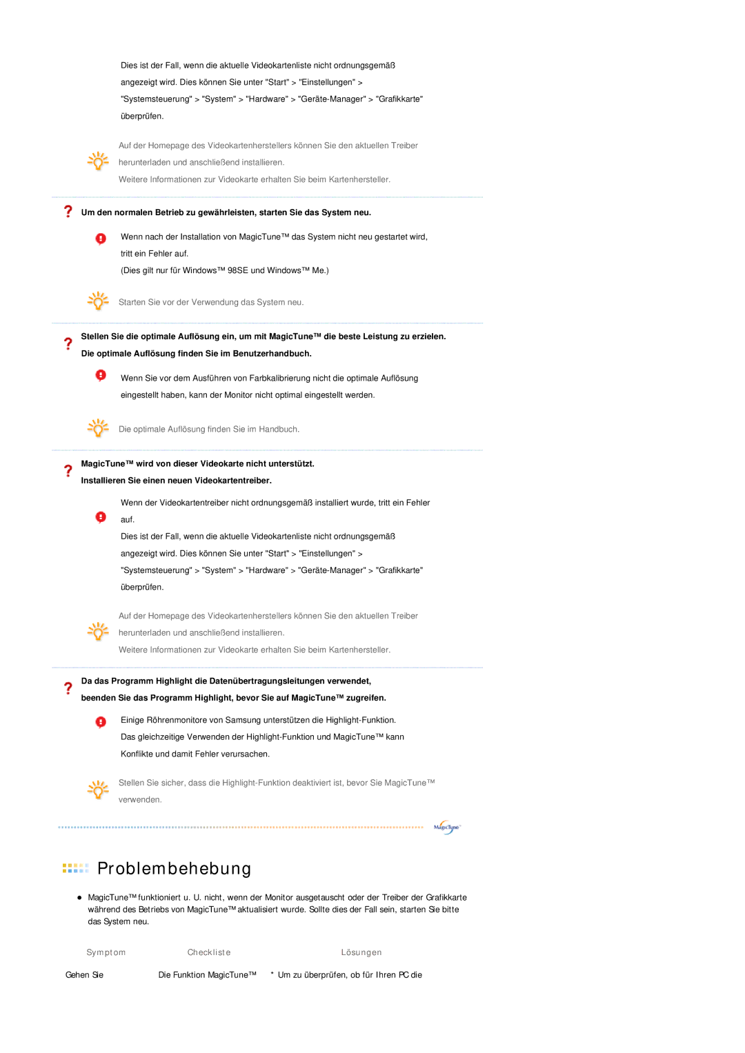 Samsung LS20HAWCSQ/EDC, LS20HAWCSZ/EDC manual Symptom Checkliste Lösungen Gehen Sie Die Funktion MagicTune 