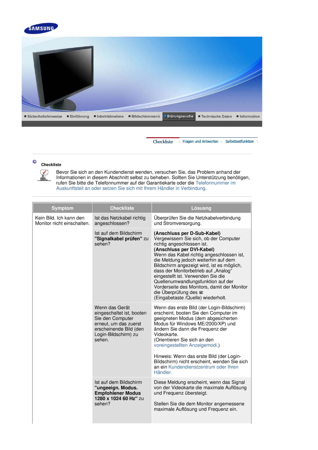 Samsung LS20HAWCSQ/EDC, LS20HAWCSZ/EDC manual Symptom Checkliste Lösusng, Anschluss per D-Sub-Kabel, Signalkabel prüfen zu 