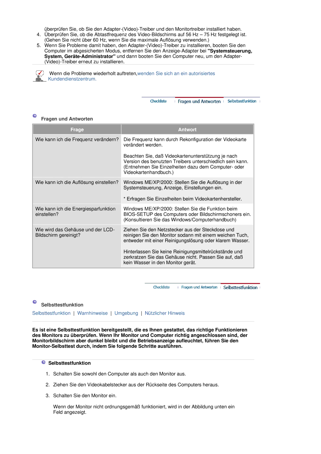 Samsung LS20HAWCSZ/EDC, LS20HAWCSQ/EDC manual Frage Antwort, Selbsttestfunktion 