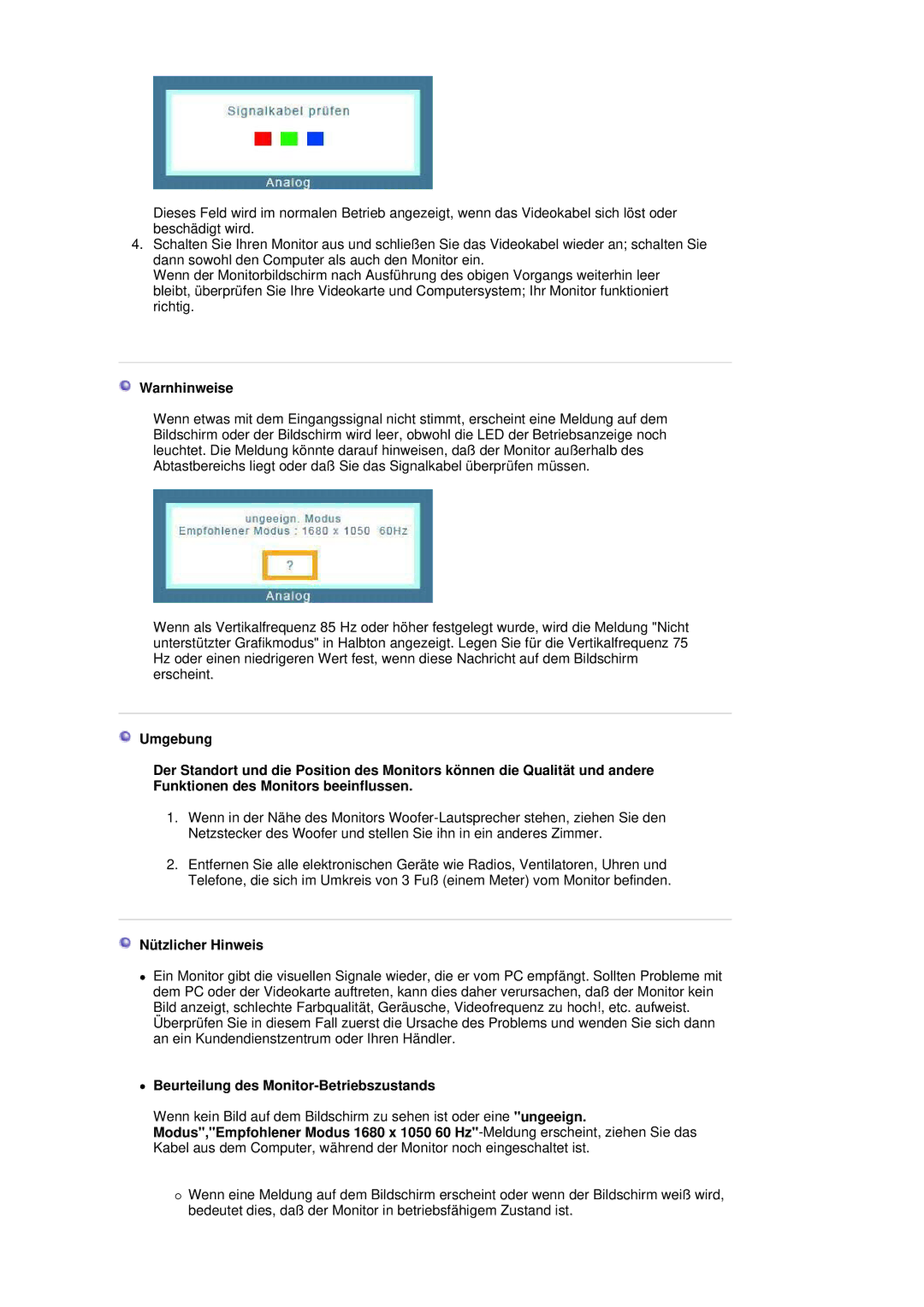 Samsung LS20HAWCSQ/EDC, LS20HAWCSZ/EDC manual Warnhinweise, Nützlicher Hinweis, Beurteilung des Monitor-Betriebszustands 