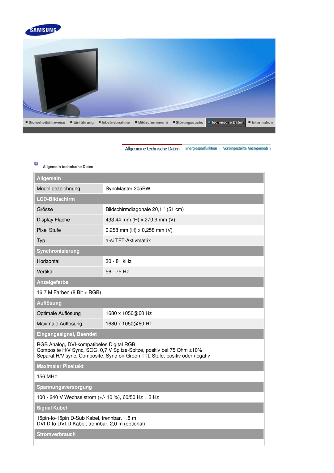 Samsung LS20HAWCSQ/EDC manual Allgemein, LCD-Bildschirm, Synchronisierung, Anzeigefarbe, Auflösung, Eingangssignal, Beendet 