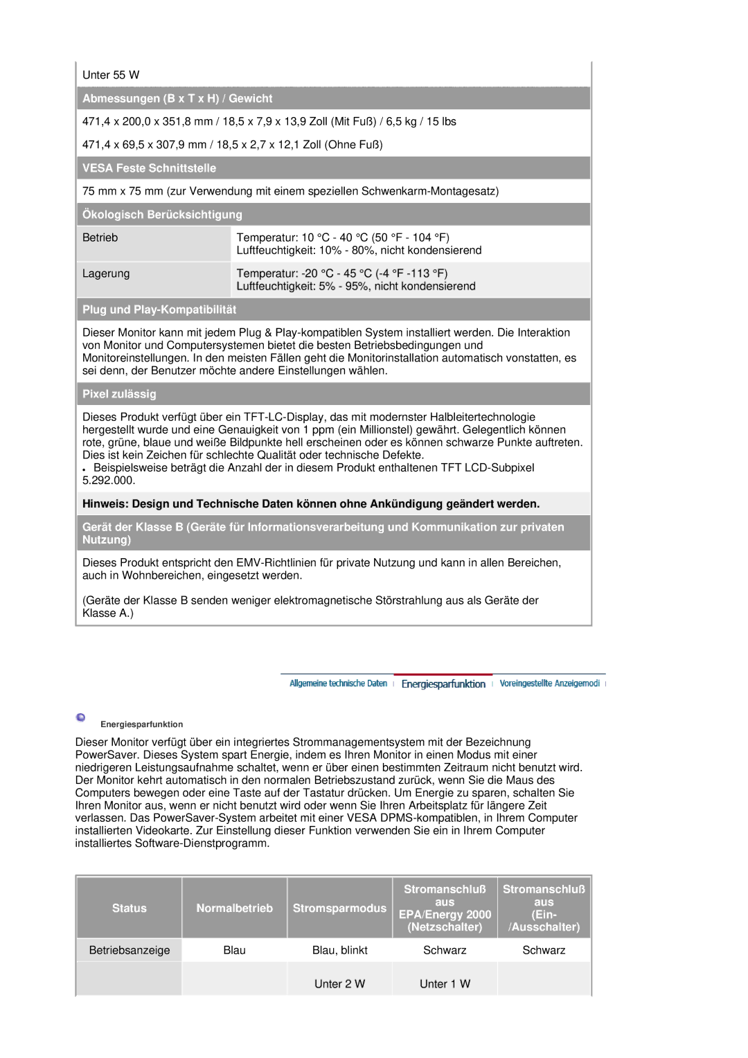 Samsung LS20HAWCSZ/EDC manual Abmessungen B x T x H / Gewicht, Vesa Feste Schnittstelle, Ökologisch Berücksichtigung 